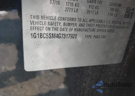 2016 Chevrolet Cruze Ls Auto z USA, uszkodzony, nr VIN 1G1BC5SM4G7317920